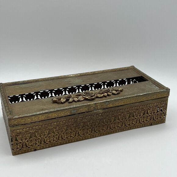 Vtg Metal Gold Brass ROSE Tissue Box Cover Holder HOLLYWOOD REGENCY MCM Glam - Picture 2 of 7